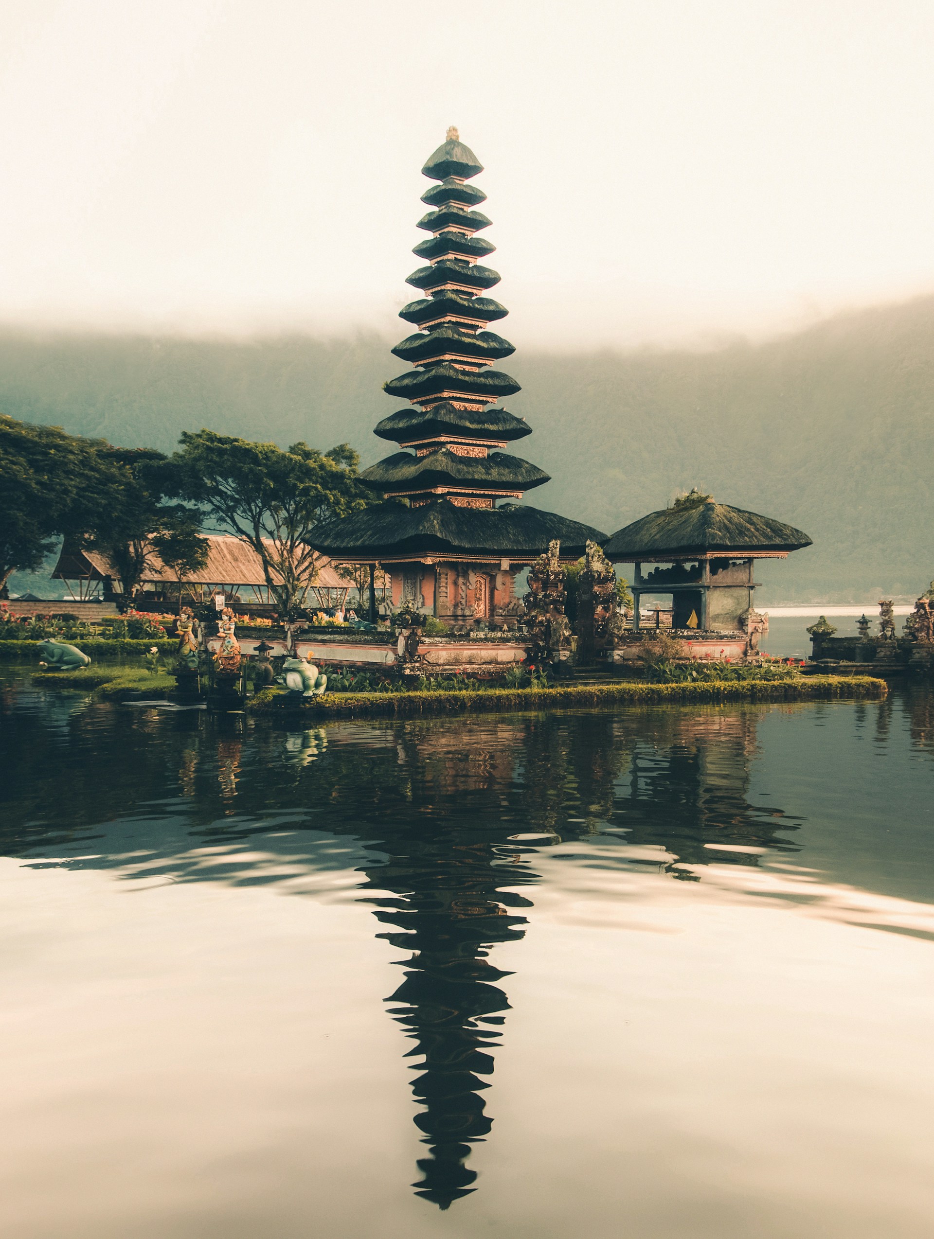 Ulun Danu Beratan temple on a tranquil lake in Bali, Indonesia